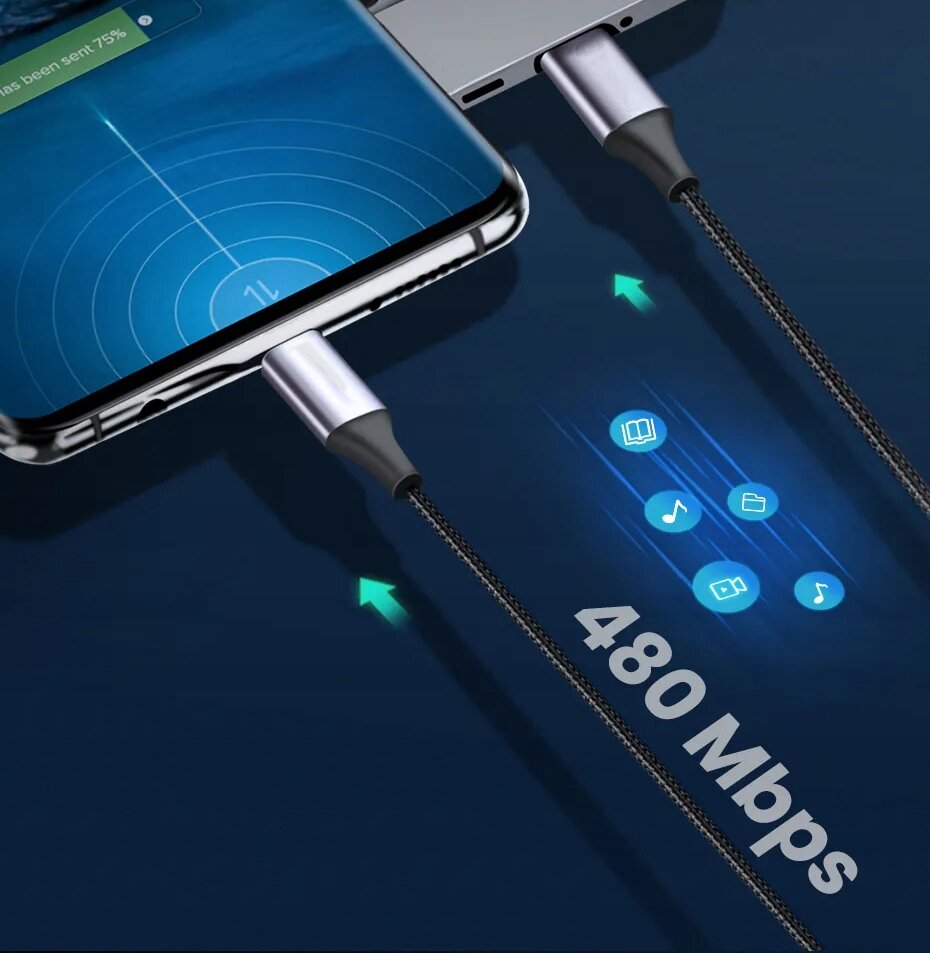 Obraz przedstawia dwa kable USB-C podłączone do urządzeń, z tekstem \'480 Mbps\' obok jednego z nich. Na ekranie telefonu widoczny jest wskaźnik ładowania na poziomie 75%.