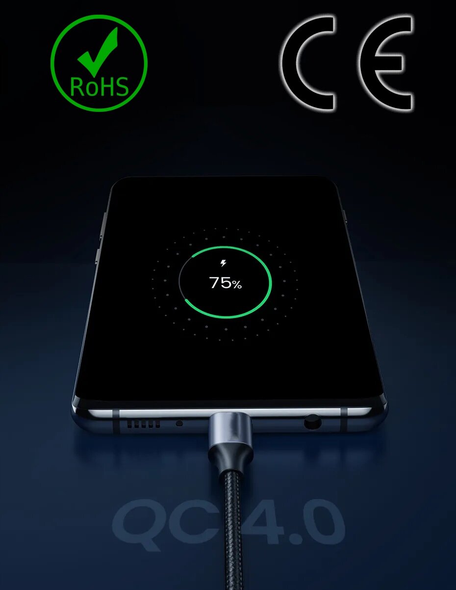Obraz przedstawia telefon z podłączonym kablem USB-C, na ekranie widoczny jest wskaźnik ładowania na poziomie 75%. W górnej części obrazu znajdują się symbole RoHS i CE, a na dole napis QC 4.0.