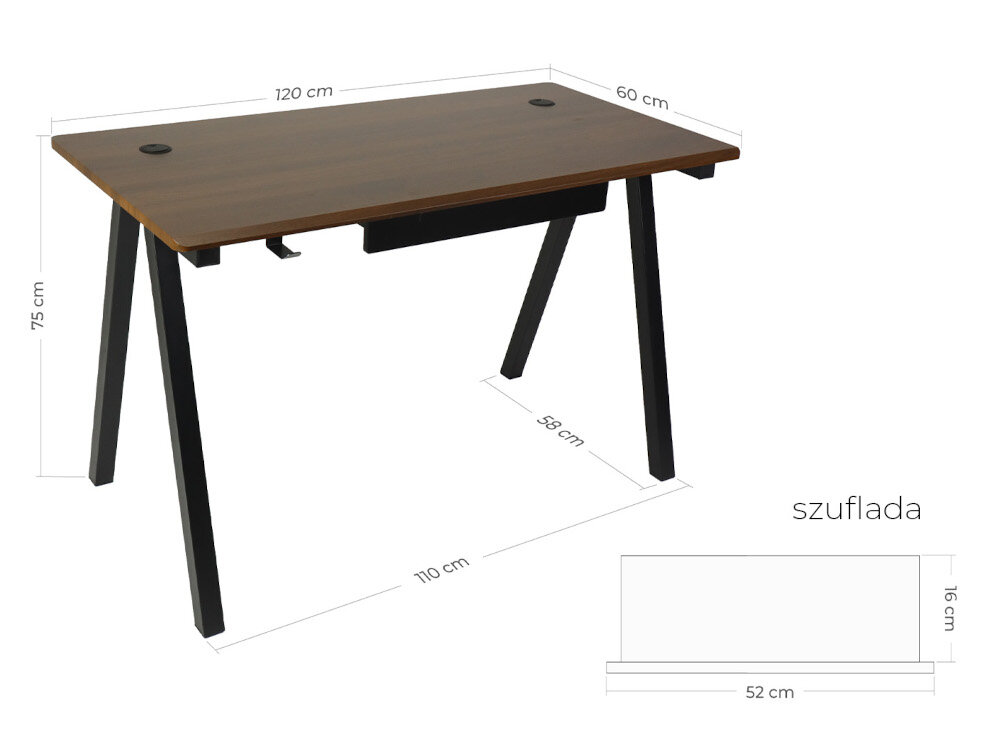 Na obrazie widoczne jest biurko o wymiarach 120 cm x 60 cm x 75 cm z brązowym blatem i czarnymi nogami. Obok znajduje się schemat szuflady o wymiarach 52 cm x 16 cm z podpisem \'szuflada\'.