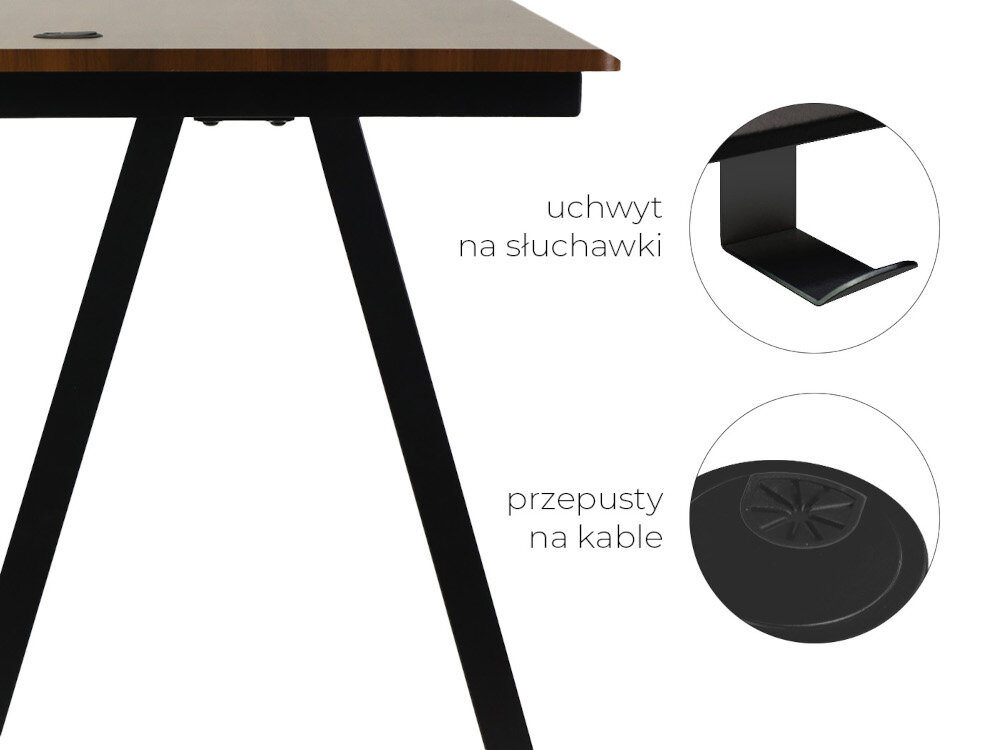 Na obrazie widoczne jest biurko z drewnianym blatem i czarnymi metalowymi nogami. Obok znajdują się dwa okrągłe zbliżenia: uchwyt na słuchawki i przepusty na kable, z podpisami \'uchwyt na słuchawki\' i \'przepusty na kable\'.