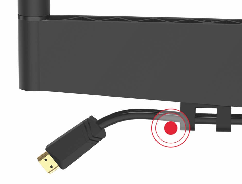 Czarny uchwyt z kablem HDMI, który jest podłączony do dolnej części uchwytu. Obok kabla znajduje się czerwony okrąg z kropką w środku.
