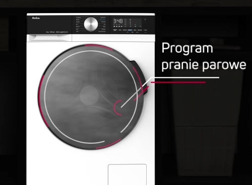 Pralka z widocznym panelem sterowania i dużym okrągłym bębnem. Obok znajduje się napis \'Program pranie parowe\'.