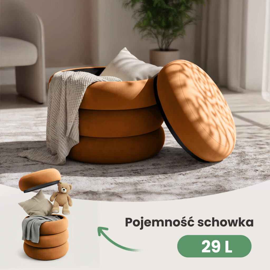 Na obrazie widoczna jest welurowa pufa w kolorze miedzianym z otwartym schowkiem, w którym znajdują się poduszki i koc. Obok pufy znajduje się napis \'Pojemność schowka 29 L\'.