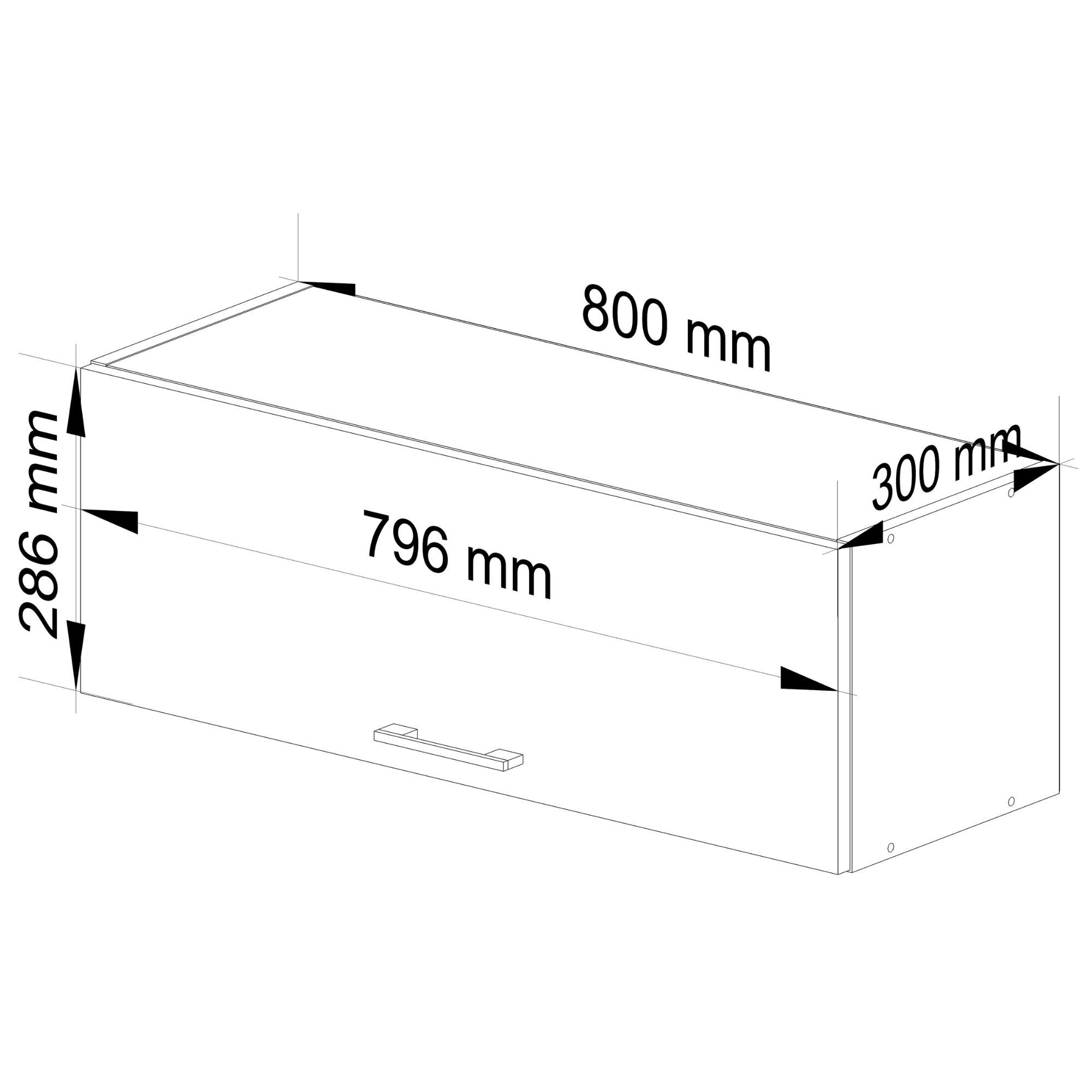 Rysunek techniczny szafki kuchennej z wymiarami: 800 mm szerokości, 300 mm głębokości i 286 mm wysokości. Widoczny jest uchwyt na drzwiach oraz oznaczenia wymiarów 796 mm i 286 mm.