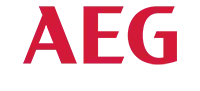 Logo AEG w kolorze czerwonym na białym tle.