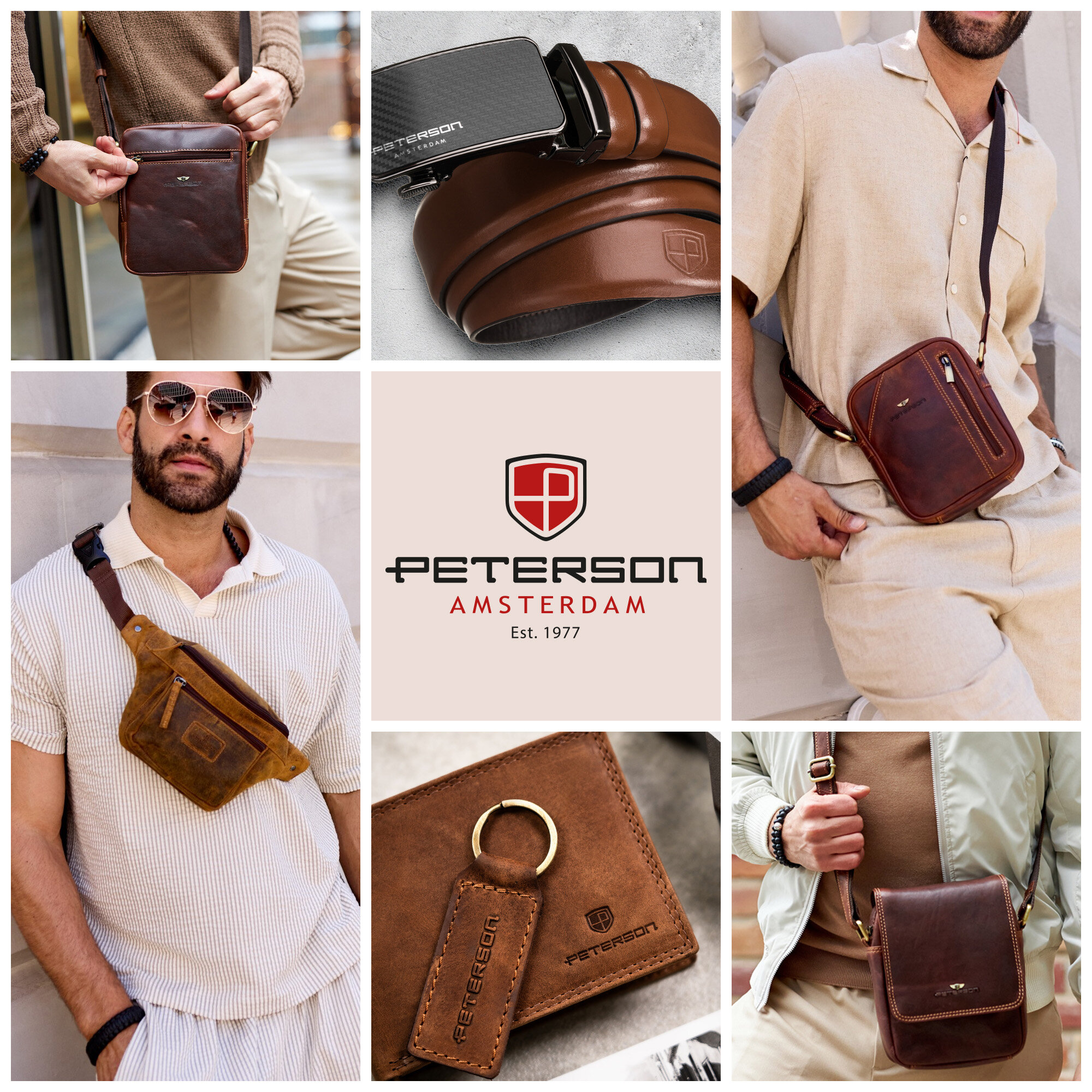 Kolaż zdjęć przedstawiający różne skórzane akcesoria marki Peterson, w tym torby i pasek z klamrą. Na środku widoczne jest logo \'Peterson Amsterdam Est. 1977\'.