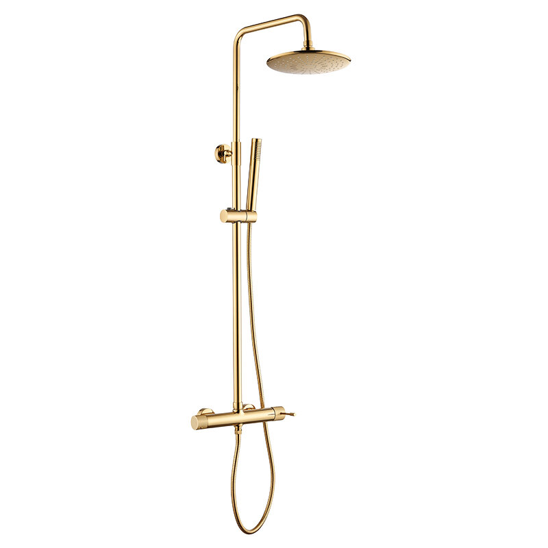 Zestaw prysznicowy w kolorze złotym z okrągłą deszczownicą i słuchawką prysznicową na regulowanej wysokości. Produkt ma elegancki, nowoczesny design.