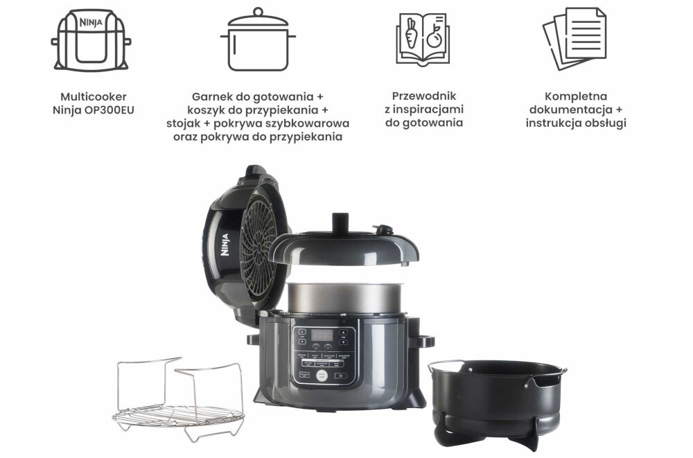 Na obrazie znajduje się multicooker z otwartą pokrywą, obok którego leżą akcesoria takie jak koszyk i garnek. Widoczne są również ikony z tekstem: \'Multicooker Ninja OP300EU\', \'Garnek do gotowania + koszyk do przypiekania + stojak + pokrywa szybkowarowa oraz pokrywa do przypiekania\', \'Przewodnik z inspiracjami do gotowania\', \'Kompletna dokumentacja + instrukcja obsługi\'.