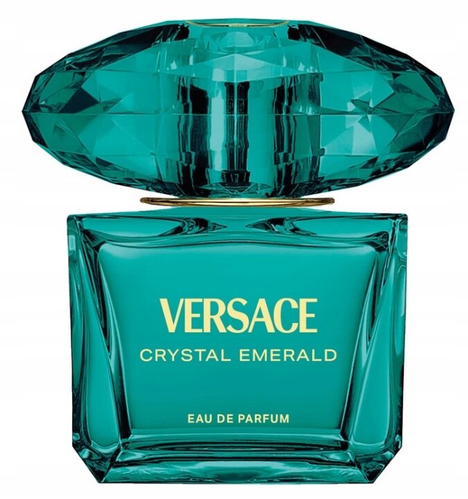 Butelka perfum w kolorze szmaragdowym z napisem \'VERSACE CRYSTAL EMERALD EAU DE PARFUM\'.