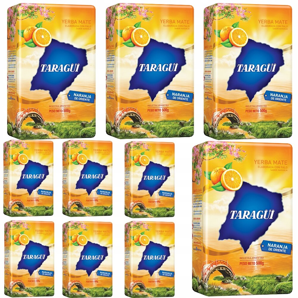 Na obrazie widoczne są opakowania Yerba Mate Taragui Naranja de Oriente z grafiką przedstawiającą mapę, pomarańcze i most. Na opakowaniach znajduje się tekst: \'Yerba Mate\', \'Taragui\', \'Naranja de Oriente\', \'Peso Neto 500g\'.