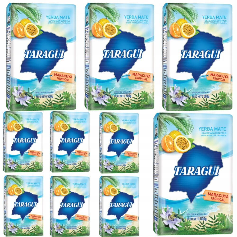Na obrazie widoczne są opakowania yerba mate marki Taragüi o smaku marakuja tropical. Każde opakowanie ma grafikę przedstawiającą owoce marakui i pomarańczy oraz napis \'Yerba Mate Elaborada Con Palo\'.