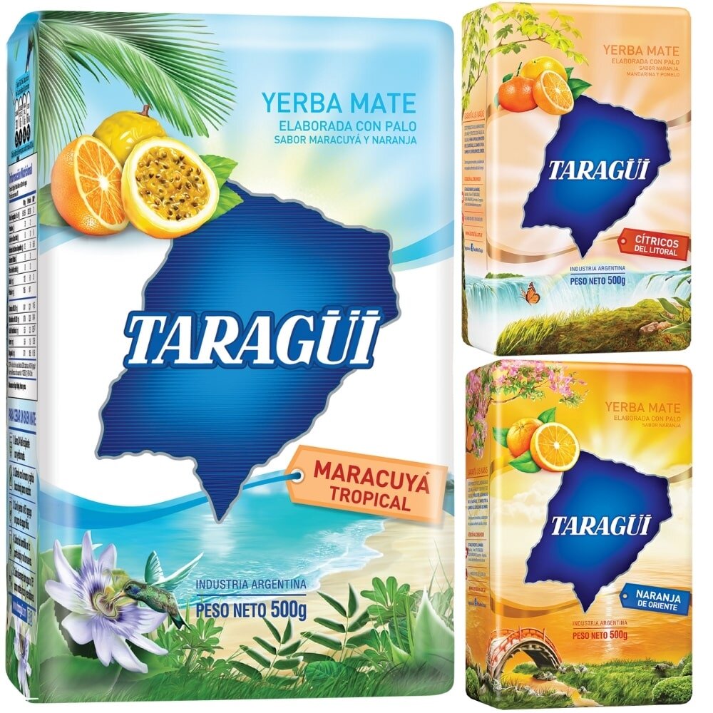 Na obrazie widoczne są trzy opakowania yerba mate marki Taragüi o różnych smakach: marakuja, cytrusy i pomarańcza. Każde opakowanie ma grafikę przedstawiającą owoce oraz napis \'PESO NETO 500g\'.