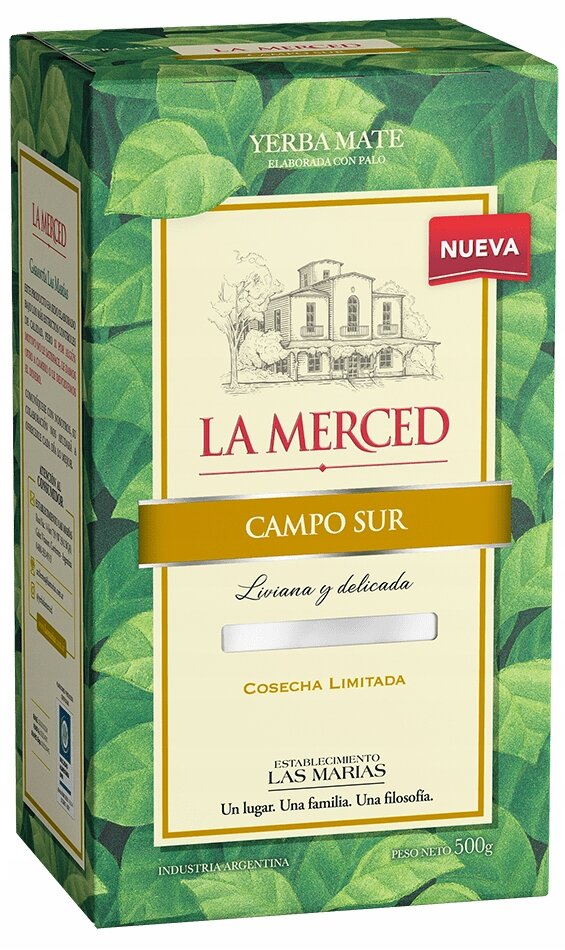 Opakowanie yerba mate marki La Merced z napisem \'CAMPO SUR\' i grafiką domu na tle zielonych liści. Widoczny tekst: \'NUEVA\', \'Liviana y delicada\', \'Cosecha Limitada\', \'INDUSTRIA ARGENTINA\', \'PESO NETO 500g\'.