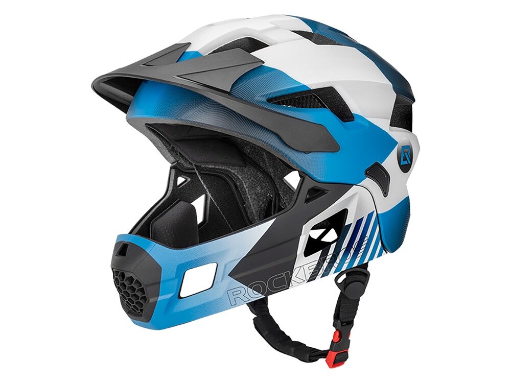 Kask rowerowy w kolorze niebieskim z białymi i czarnymi elementami, posiada odkręcaną szczękę i napis \'ROCKBROS\' na boku. Kask ma zapięcie z czerwonym akcentem i otwory wentylacyjne.