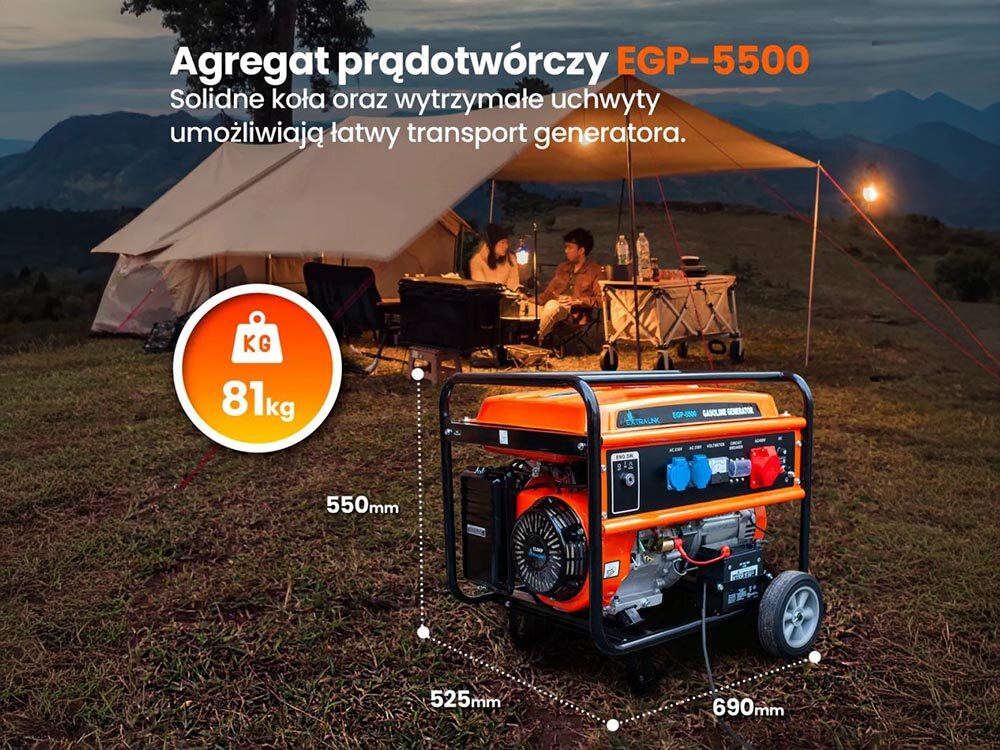 Na obrazie widoczny jest agregat prądotwórczy EXTRALINK EGP-5500 na tle namiotu i osób siedzących przy stole. Tekst na obrazie: \'Agregat prądotwórczy EGP-5500 Solidne koła oraz wytrzymałe uchwyty umożliwiają łatwy transport generatora. 81 kg, 550 mm, 525 mm, 690 mm\'.