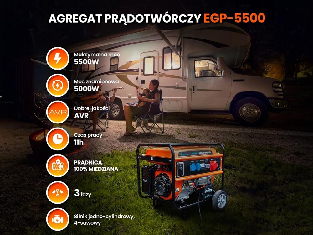 Obraz przedstawia agregat prądotwórczy EXTRALINK EGP-5500 na tle kampera, z informacjami o jego parametrach: maksymalna moc 5500W, moc znamionowa 5000W, dobrej jakości AVR, czas pracy 11h, prądnica 100% miedziana, 3 fazy, silnik jedno-cylindrowy, 4-suwowy.