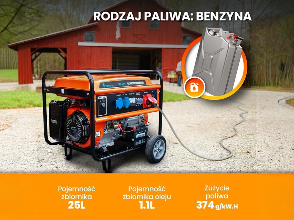 Na obrazie znajduje się agregat prądotwórczy z logo EXTRALINK EGP-5500, stojący na żwirowej drodze przed czerwoną stodołą. Widoczny tekst: \'RODZAJ PALIWA: BENZYNA\', \'Pojemność zbiornika 25L\', \'Pojemność zbiornika oleju 1.1L\', \'Zużycie paliwa 374 g/kW.H\'.