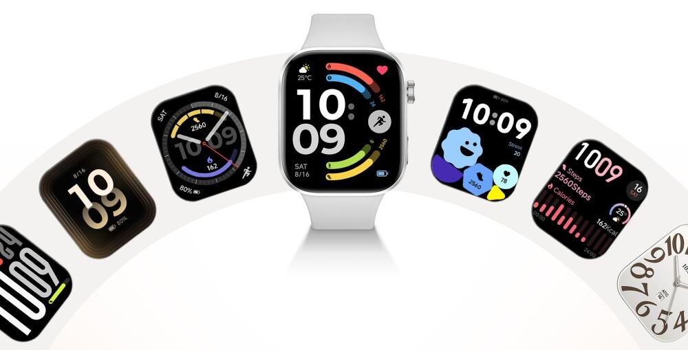 Obraz przedstawia smartwatch z różnymi tarczami zegarka, w tym cyfrowymi i graficznymi, z wyświetlanymi informacjami takimi jak godzina, data i liczba kroków. Smartwatch ma prostokątny ekran i srebrną obudowę.
