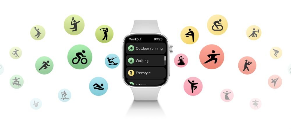 Smartwatch z wyświetlaczem pokazującym opcje treningowe: Outdoor running, Walking, Freestyle. W tle kolorowe ikony przedstawiające różne aktywności sportowe.