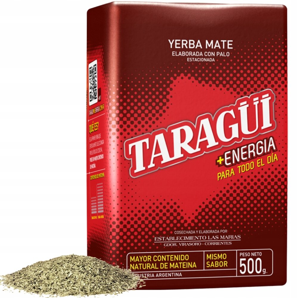 Opakowanie yerba mate marki Taragüi z napisem \'+ENERGIA PARA TODO EL DÍA\' oraz widoczną ilością 500 g. Obok opakowania znajduje się rozsypana yerba mate.