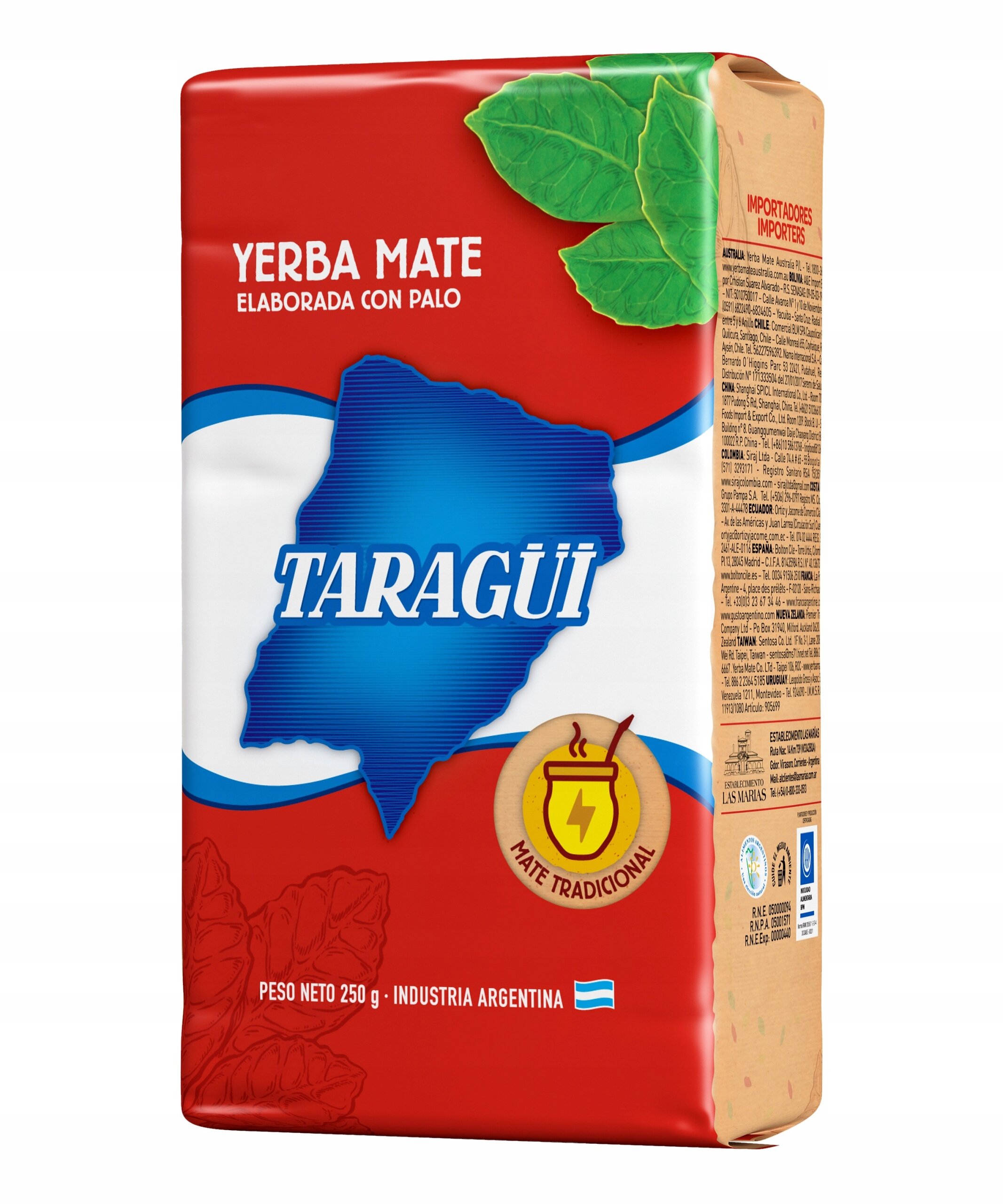 Opakowanie yerba mate marki Taragüi z napisem \'YERBA MATE ELABORADA CON PALO\'. Widoczne są liście oraz logo z napisem \'MATE TRADICIONAL\'.