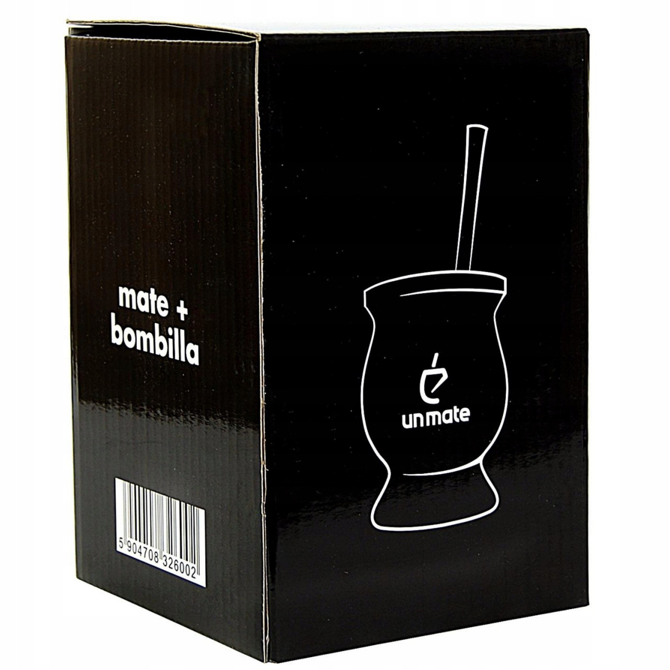 Czarne opakowanie z białym rysunkiem naczynia do yerba mate i napisem \'unmate\'. Widoczny jest także napis \'mate + bombilla\' oraz kod kreskowy 5904708326002.
