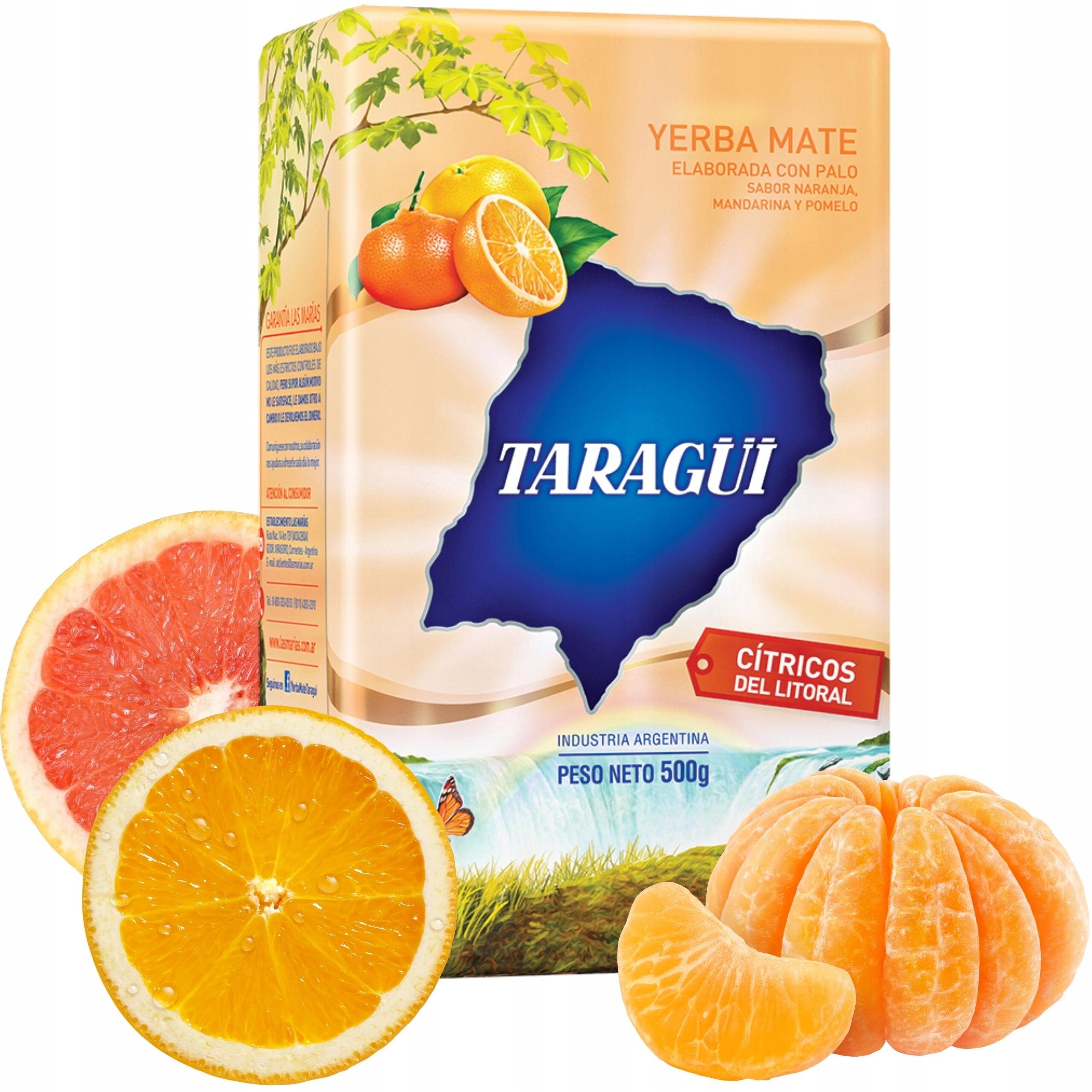 Opakowanie Yerba Mate Taragui z grafiką owoców cytrusowych, takich jak pomarańcza i mandarynka. Na opakowaniu widnieje napis: \'YERBA MATE ELABORADA CON PALO SABOR NARANJA, MANDARINA Y POMELO\', \'TARAGÜI\', \'CÍTRICOS DEL LITORAL\', \'INDUSTRIA ARGENTINA\', \'PESO NETO 500g\'.