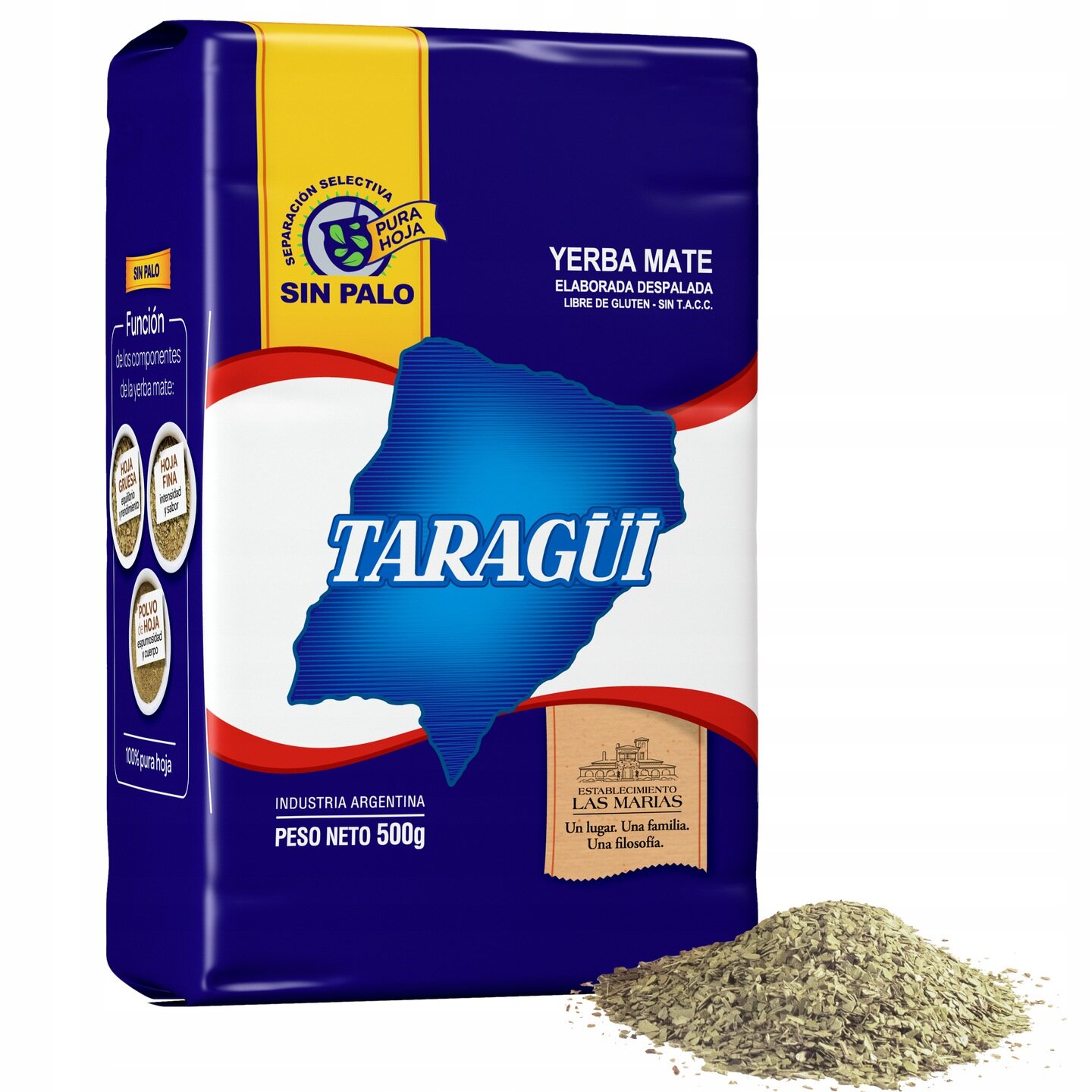 Opakowanie Yerba Mate Taragui o wadze netto 500g z widocznym logo i napisem \'Industria Argentina\'. Obok opakowania znajduje się niewielka ilość sypkiej yerba mate.