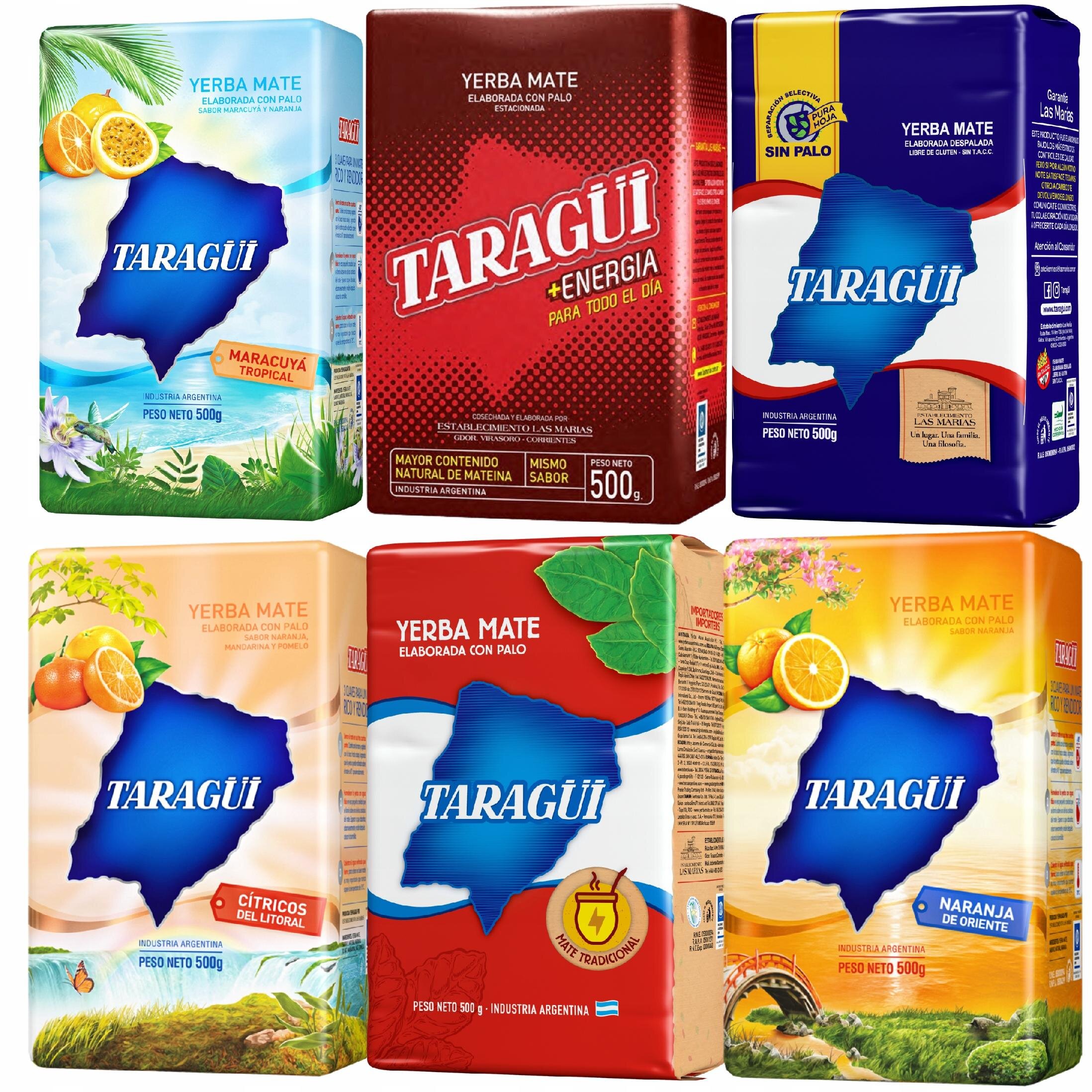 Na obrazie widoczne są sześć opakowań Yerba Mate Taragui, każde o wadze 500g, z różnymi smakami: Maracuya Tropical, Energia, Sin Palo, Cítricos del Litoral, Mate Tradicional i Naranja de Oriente. Każde opakowanie ma charakterystyczny niebieski kształt na środku z napisem \'TARAGÜI\'.