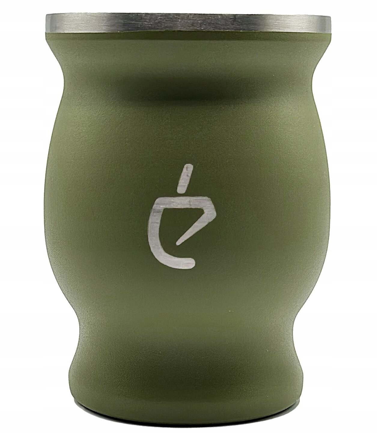 Zielony kubek o zaokrąglonym kształcie z metalowym obrzeżem na górze. Na środku widoczne jest białe logo w kształcie stylizowanej litery \'e\'.