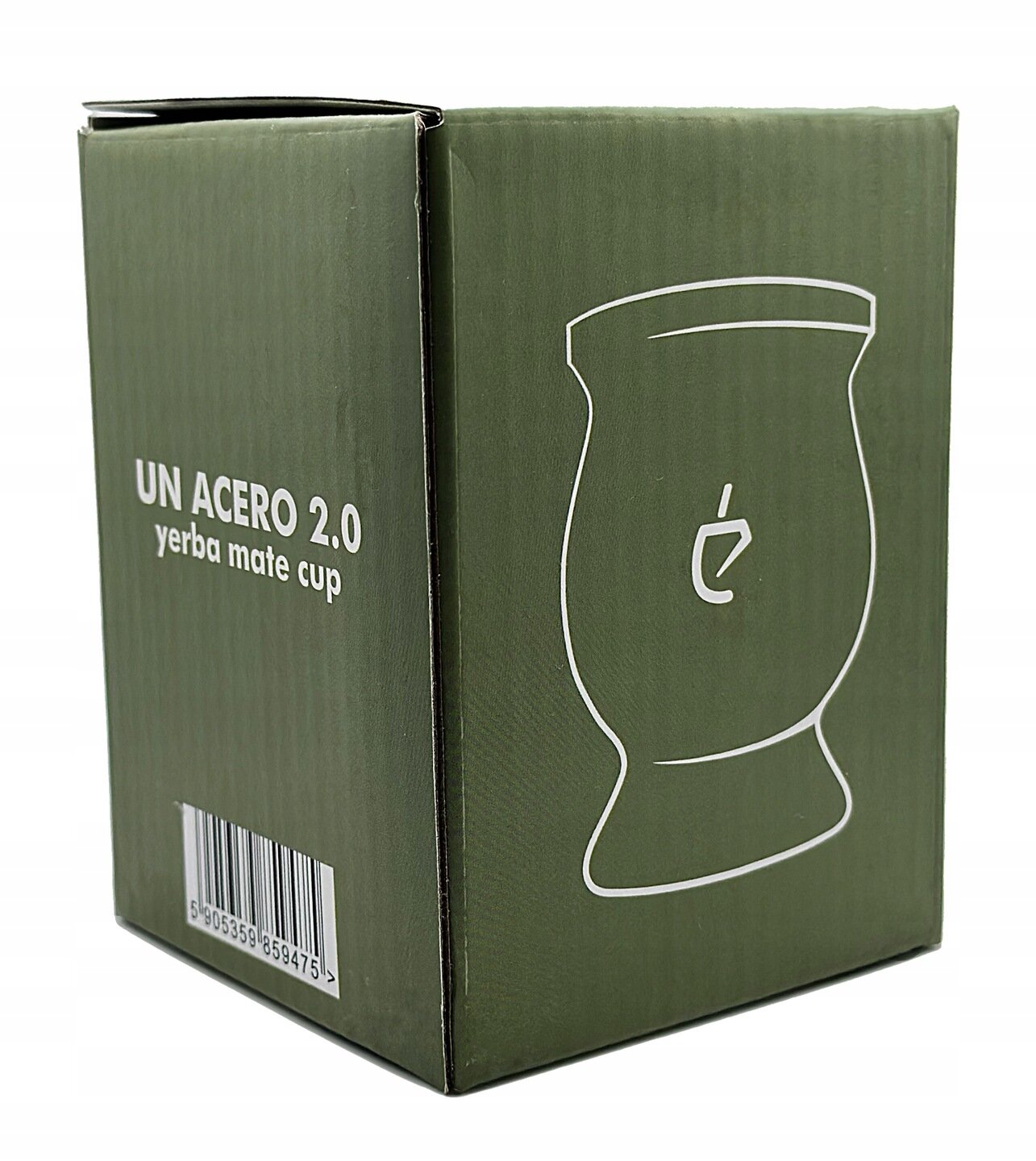 Zielone opakowanie z białym konturem kubka i napisem \'UN ACERO 2.0 yerba mate cup\'. Widoczny jest również kod kreskowy na dole opakowania.