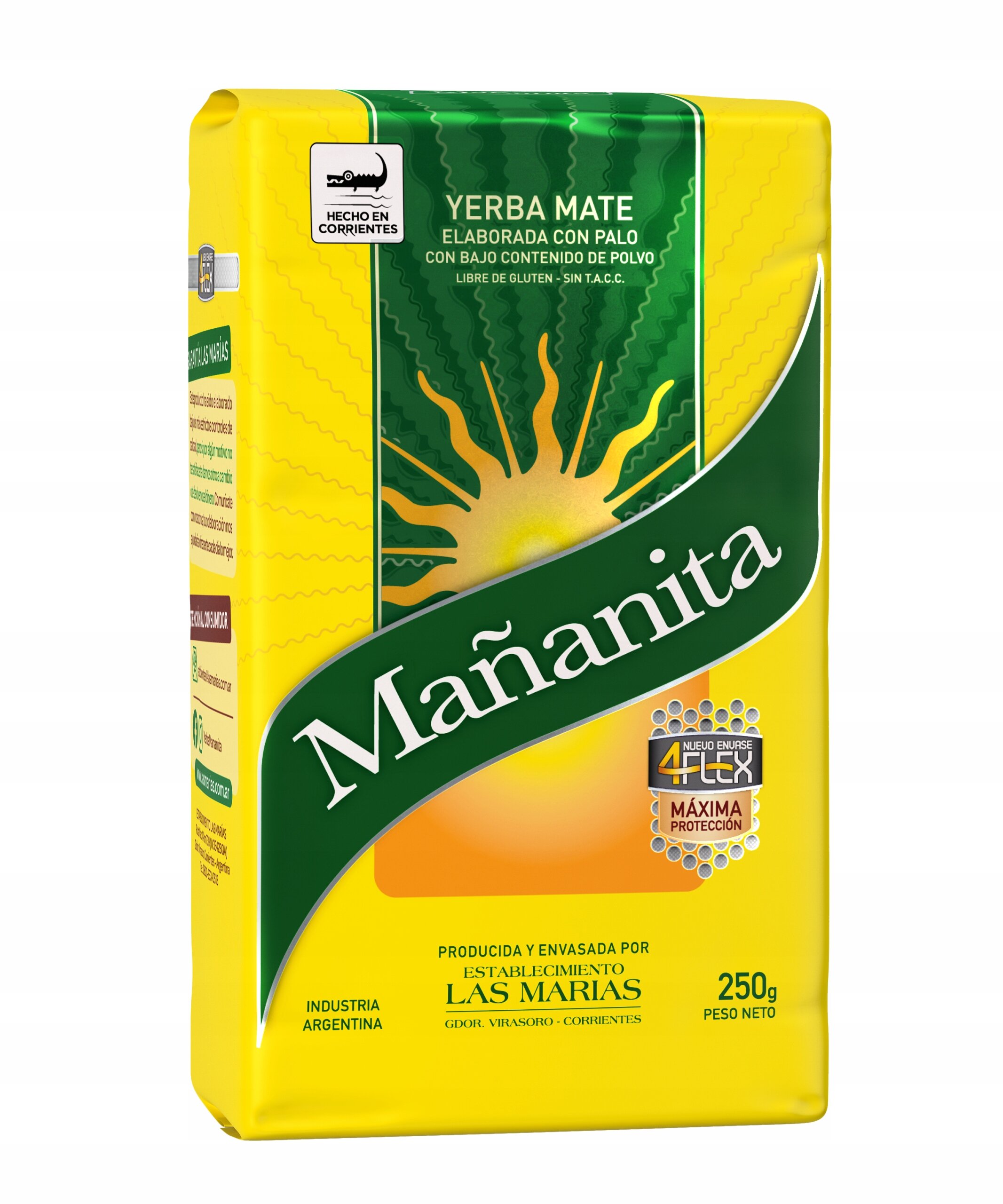 Opakowanie yerba mate marki Mañanita o wadze 250 g, z zielono-żółtą grafiką i napisem \'Yerba Mate Elaborada Con Palo\'.