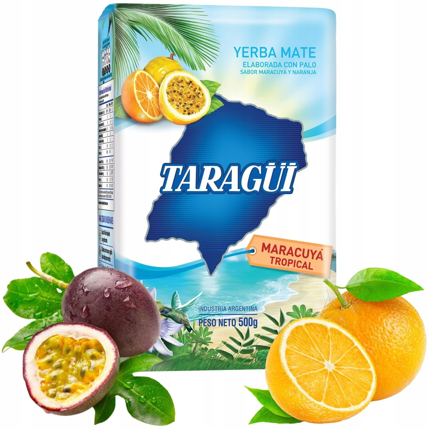 Opakowanie Yerba Mate Taragui z napisem \'MARACUYÁ TROPICAL\' oraz ilustracjami owoców marakui i pomarańczy. Widoczne są również elementy tropikalne, takie jak liście palmowe i plaża.