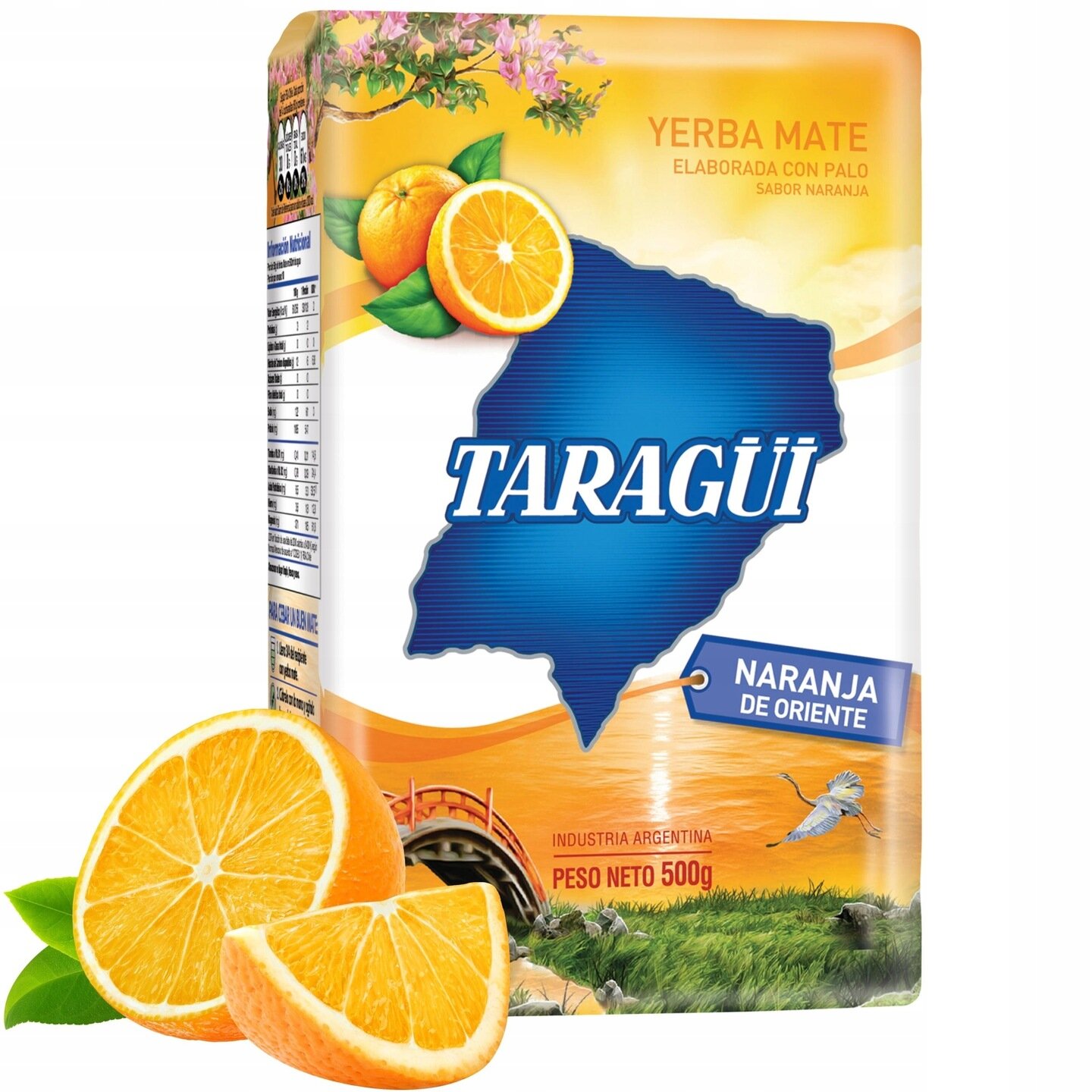 Opakowanie yerba mate Taragüi z napisem \'Naranja de Oriente\' i grafiką pomarańczy. Widoczny jest również krajobraz z mostem i wodą oraz napis \'Peso Neto 500g\'.