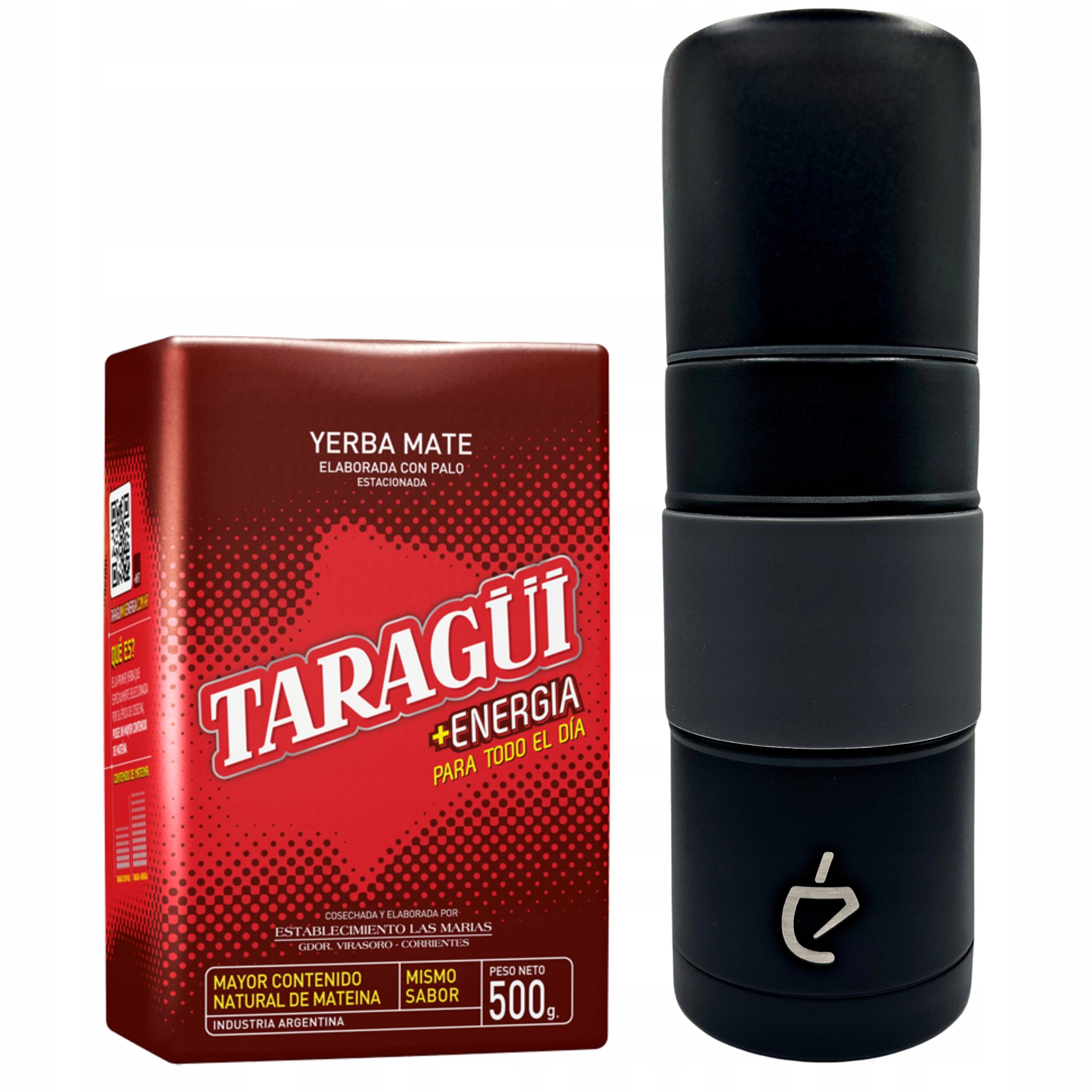 Na obrazie widoczna jest czerwona paczka yerba mate z napisem \'TARAGUI +ENERGIA PARA TODO EL DIA\' oraz czarny pojemnik z logo w kształcie stylizowanej litery \'e\'.