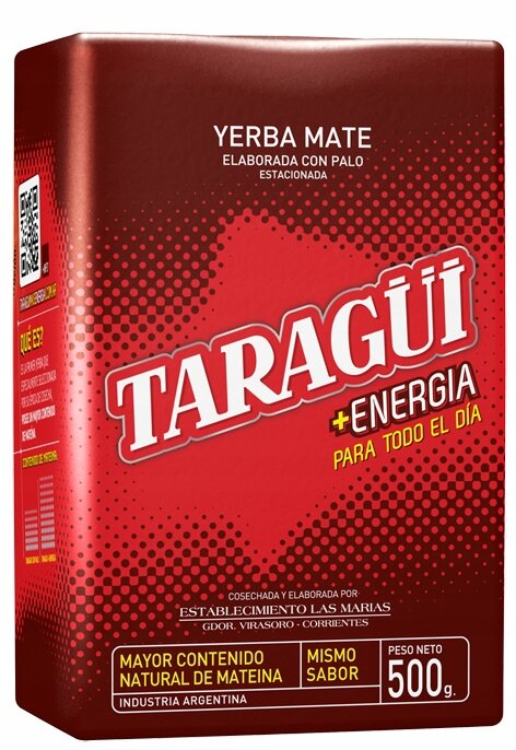 Opakowanie yerba mate marki Taragui z napisem \'+ENERGIA PARA TODO EL DÍA\'. Waga netto produktu to 500 g.