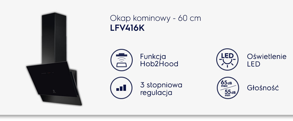 Obraz przedstawia czarny okap kominowy o nazwie LFV416K z funkcją Hob2Hood, 3-stopniową regulacją, oświetleniem LED i głośnością 65 dB maksymalnie oraz 55 dB minimalnie. Widoczne są ikony ilustrujące te funkcje.
