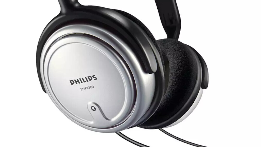 Słuchawki nauszne w kolorze srebrno-czarnym z widocznym logo \'PHILIPS SHP2500\'.