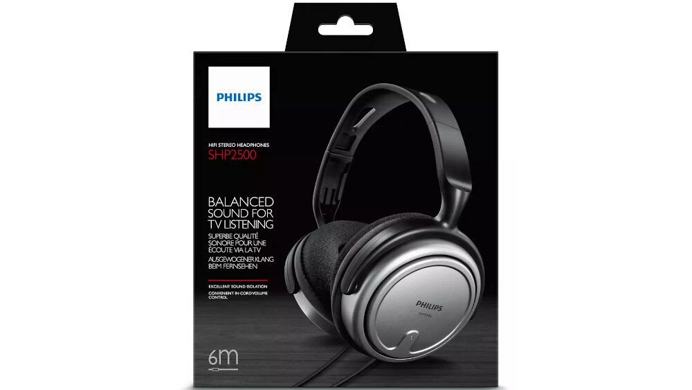 Opakowanie słuchawek nausznych z widocznym logo PHILIPS oraz modelem SHP2500. Na opakowaniu znajduje się tekst: \'BALANCED SOUND FOR TV LISTENING\' oraz informacja o długości kabla 6m.
