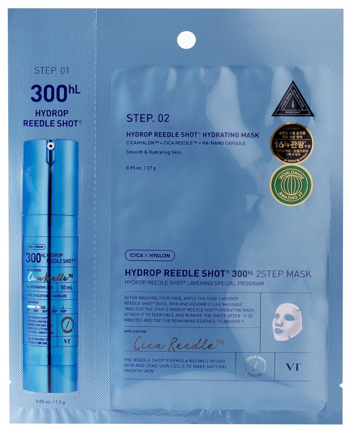 Opakowanie maski nawilżającej VT Cosmetics z napisem \'HYDROP REEDLE SHOT 300hL 2STEP MASK\'. Widoczne są instrukcje użycia oraz logo VT.
