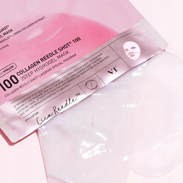 Opakowanie produktu z napisem \'COLLAGEN REEDLE SHOT 100 2 STEP HYDROGEL MASK\' oraz logo VT. Widoczna jest także ilustracja maski na twarz i tekst dotyczący aplikacji produktu.