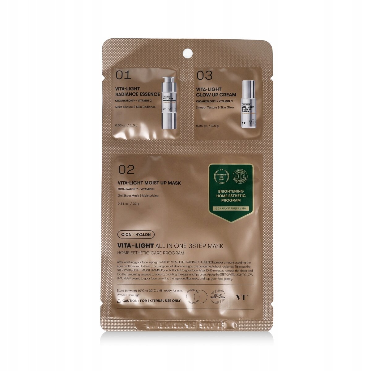 Opakowanie maski 3-etapowej VT Cosmetics Vita Light z witaminą C o wadze 35 g. Widoczne są trzy sekcje: \'Vita-Light Radiance Essence\', \'Vita-Light Moist Up Mask\' i \'Vita-Light Glow Up Cream\'.