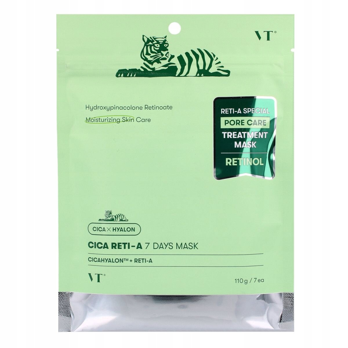 Opakowanie maski w płacie VT Cosmetics w kolorze zielonym z grafiką tygrysa i tekstem: \'Hydroxypinacolone Retinoate\', \'Moisturizing Skin Care\', \'CICA RETI-A 7 DAYS MASK\', \'CICAHYALON™ + RETI-A\'.