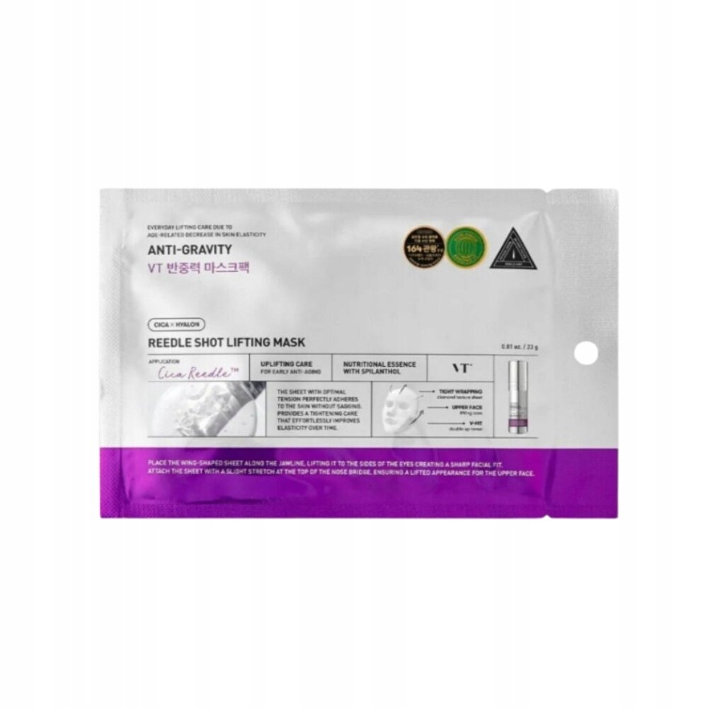 Opakowanie maski liftingującej VT Cosmetics Reedle Shot z widocznymi napisami: \'ANTI-GRAVITY\', \'REEEDLE SHOT LIFTING MASK\', oraz instrukcją użycia na fioletowym tle u dołu. Na opakowaniu znajdują się również trzy okrągłe symbole oraz logo VT.