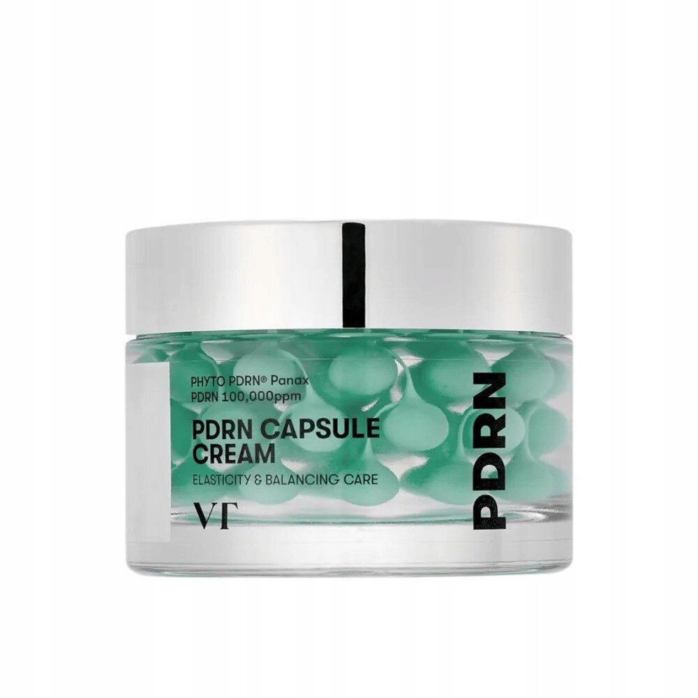 Słoik z kremem VT Cosmetics PDRN Capsule Cream 50 ML z widocznymi zielonymi kapsułkami wewnątrz. Na etykiecie napis: \'PHYTO PDRN® Panax PDRN 100,000ppm PDRN CAPSULE CREAM ELASTICITY & BALANCING CARE\'.
