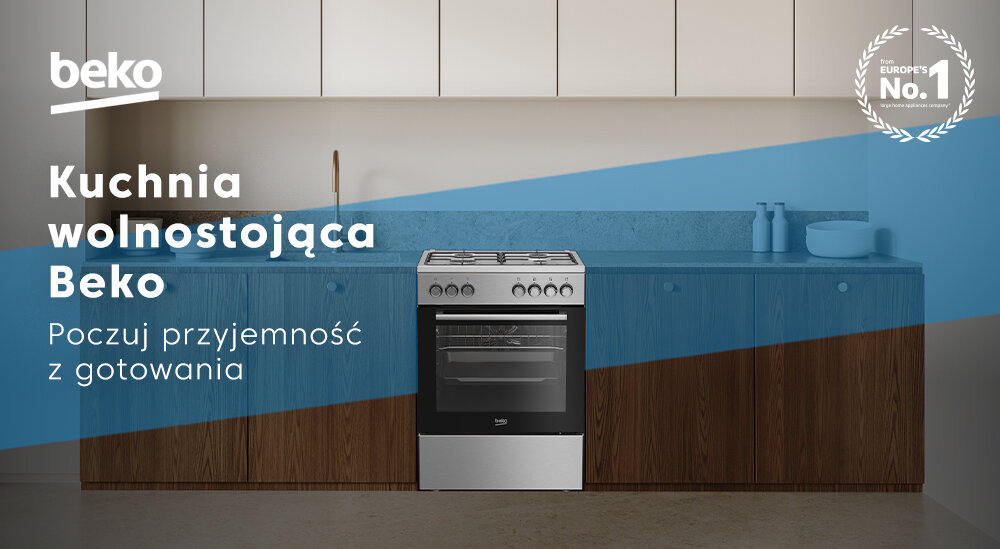 Na obrazie widoczna jest kuchnia wolnostojąca marki Beko umieszczona w nowoczesnej kuchni. Tekst na obrazie: \'Kuchnia wolnostojąca Beko Poczuj przyjemność z gotowania\'.