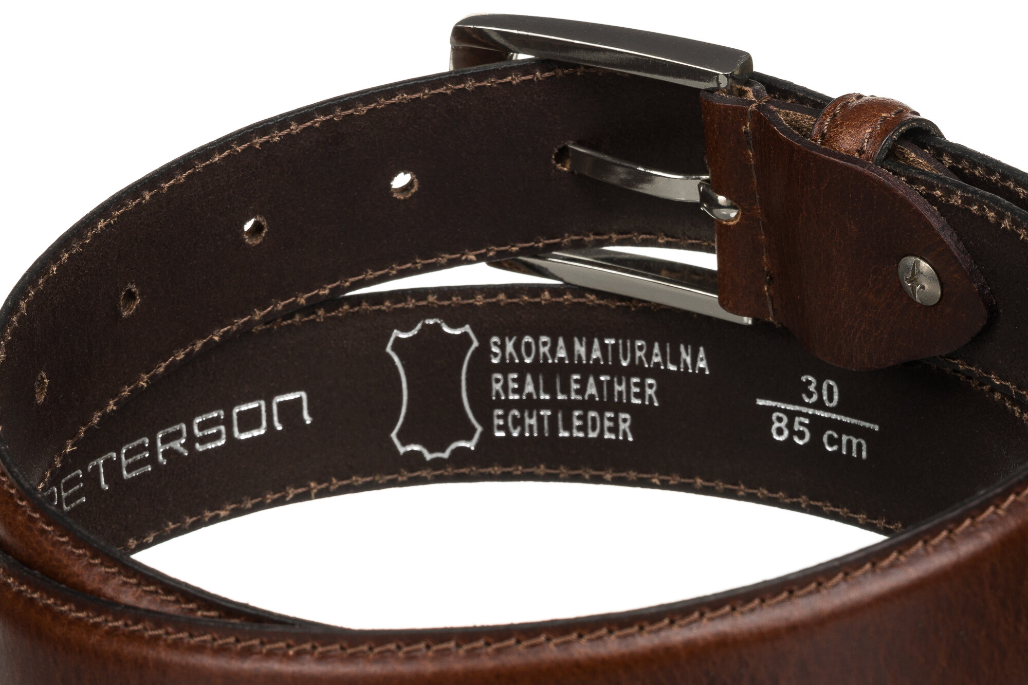 Brązowy skórzany pasek z klasyczną klamrą, na którym widnieje napis: \'SKÓRA NATURALNA REAL LEATHER ECHT LEDER 30 85 cm\'.