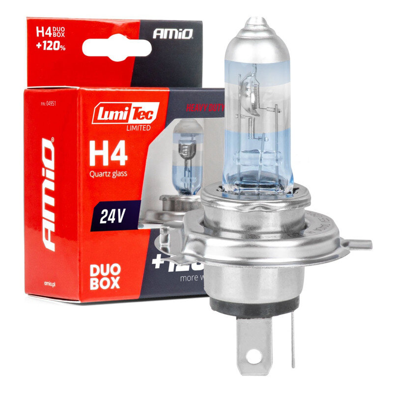 Na obrazie widoczna jest żarówka samochodowa z metalową podstawą i szklanym korpusem, obok której znajduje się opakowanie z napisem \'Lumi Tec LIMITED H4 Quartz glass 24V DUO BOX +120% more vision\'.