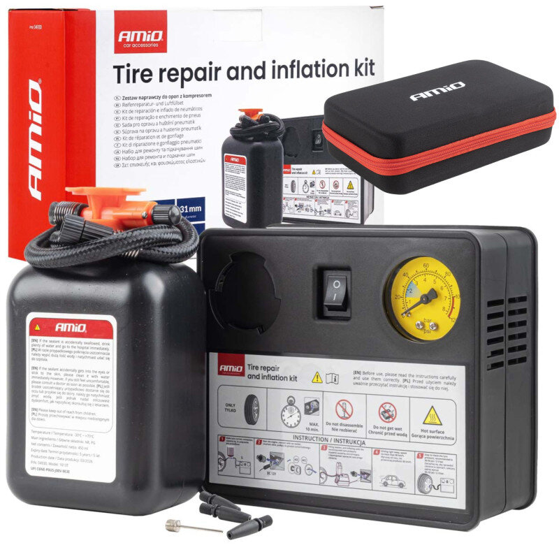 Zestaw naprawczy do opon AMiO zawiera kompresor z manometrem, pojemnik z uszczelniaczem oraz etui z logo AMiO. Na opakowaniu widoczny jest napis \'Tire repair and inflation kit\'.