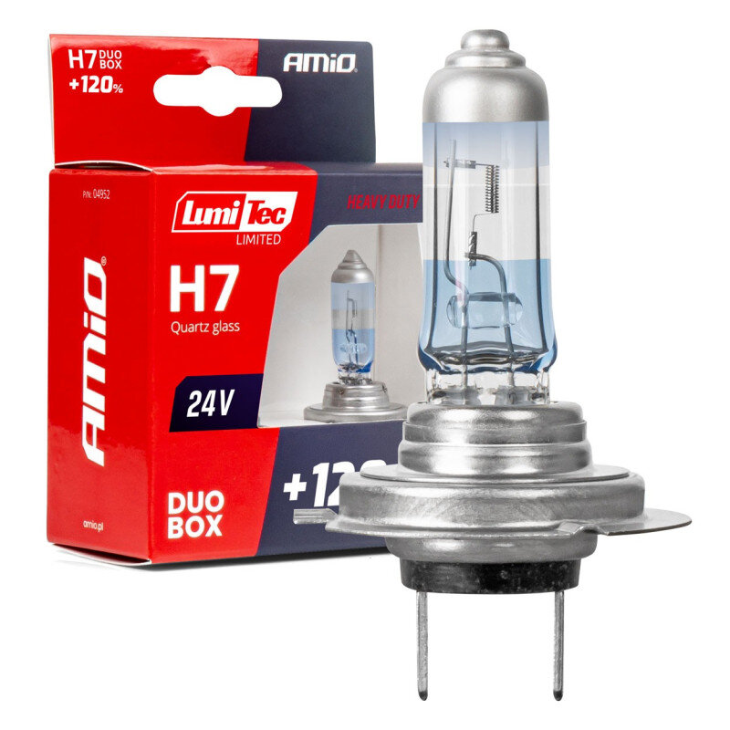 Na obrazie widoczna jest żarówka samochodowa oraz opakowanie z napisem \'Lumi Tec Limited H7 Quartz glass 24V +120%\'. Opakowanie jest w kolorze czerwonym z logo \'AMiO\'.